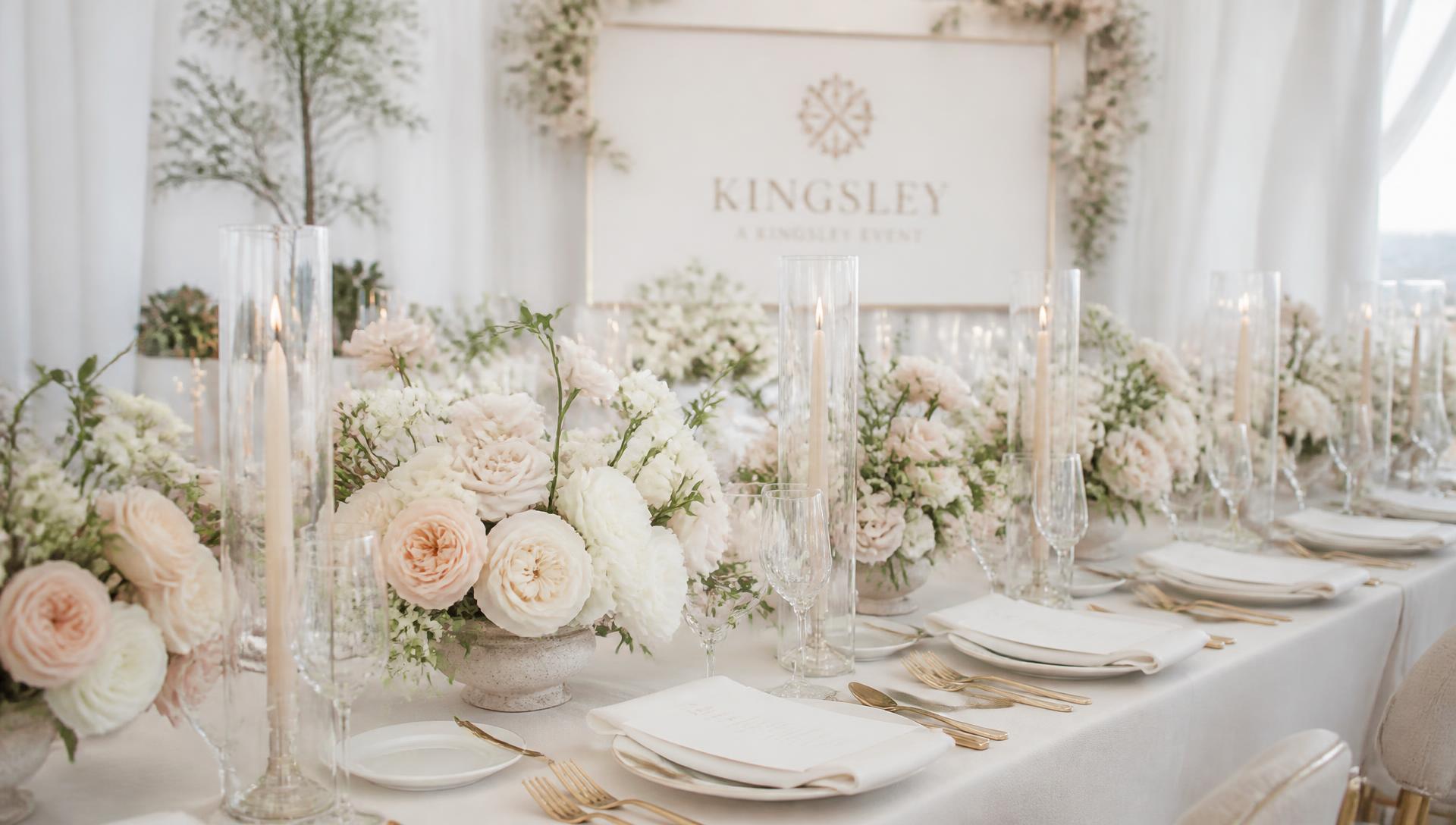 Bright ivory and blush corporate brand dinner tablescape with taper candles and gold flatware